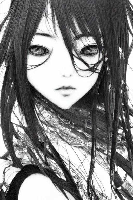 Image similar to a vertical portrait of a character in a scenic environment by Yoshitaka Amano, black and white, dreamy, dark eyes, wavy long black hair, highly detailed