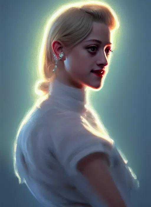 Prompt: portrait of lili reinhart, smiling kindly, bangs, 1 9 6 0 s, ponytail, bangs and ponytail, intricate, elegant, glowing lights, highly detailed, digital painting, artstation, concept art, smooth, sharp focus, illustration, art by wlop, mars ravelo and greg rutkowski