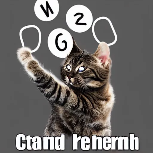 Prompt: realistic cat holding up word atom