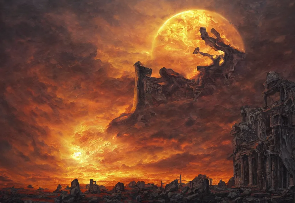 Image similar to shadow of the tyrant Sun above the ruins of the old kingdom red sun dead sky necromantic solar mythos, award winning oil painting, solar mythos palette