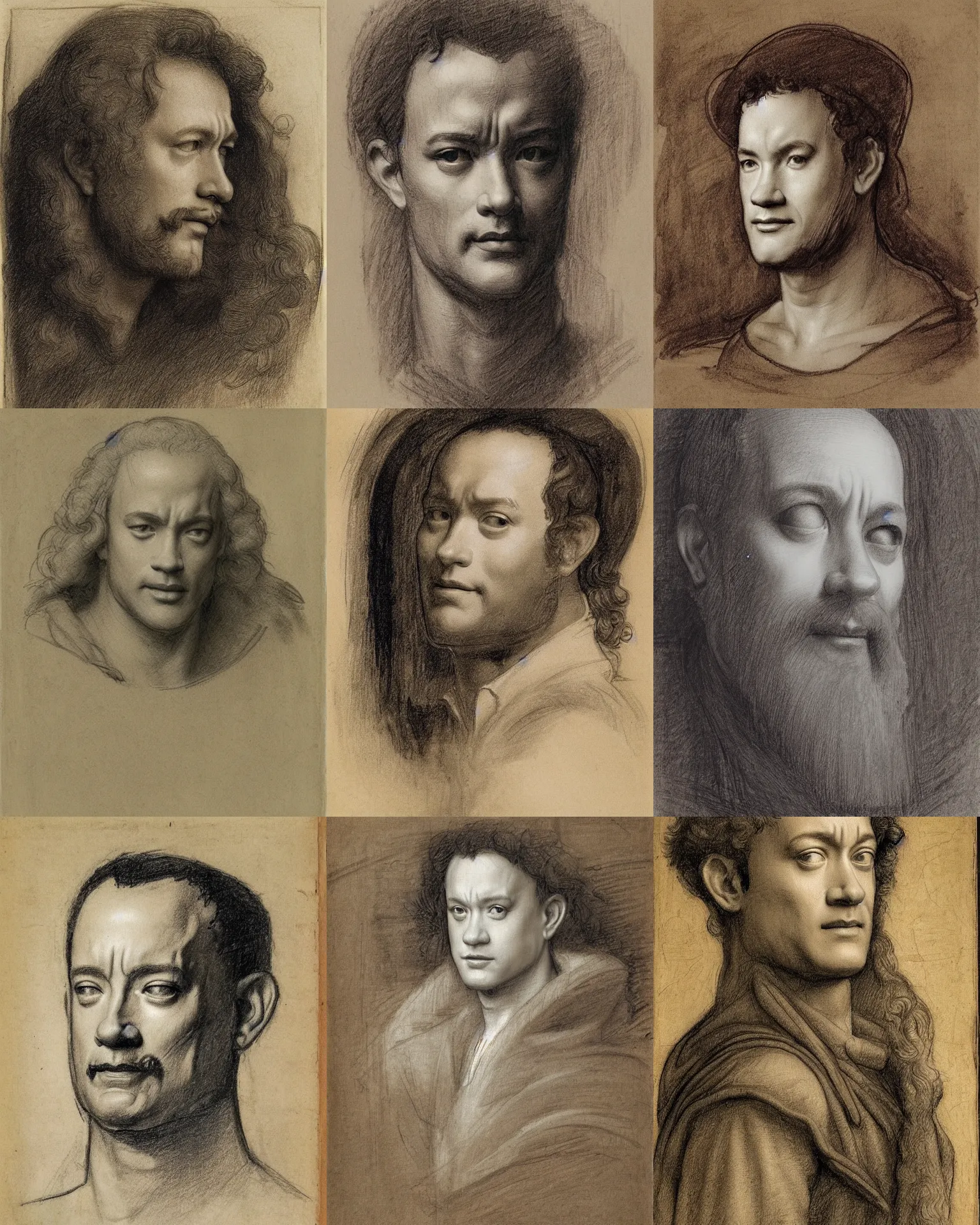Prompt: portrait of tom hanks, preliminary drawing by michelangelo, leonardo da vinci, leyendecker, peter paul rebens, charles le brun