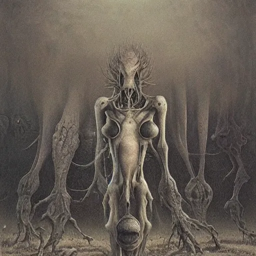 Prompt: a hyperrealistic painting of a psychedelic alien nightmare, by john kenn mortensen and zdzislaw beksinski, highly detailed, vivid color,