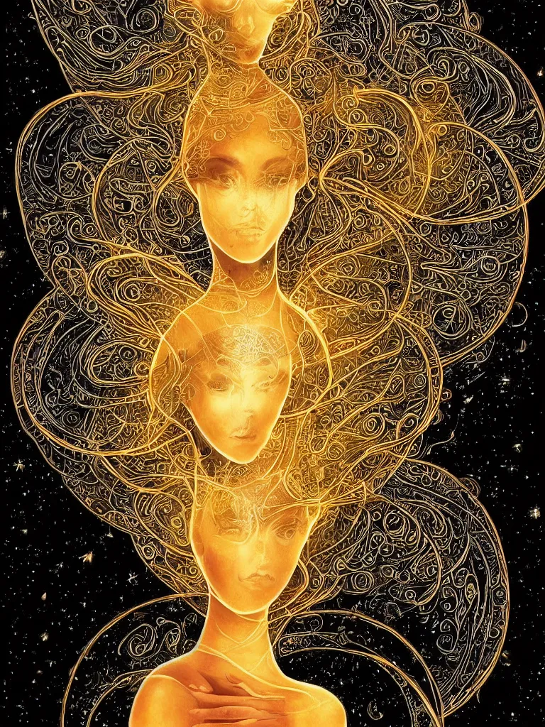 Prompt: an intricate visionary depiction of a beautiful glowing enlightened female being transcending beyond the physical boundaries of space and time