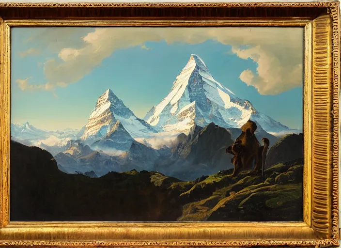 Prompt: alpine ibexes climbing in the alps with the matterhorn in the background in the style of hudson river school of art, oil on canvas