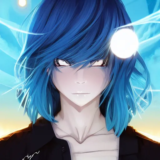 Prompt: side profile of rimuru tempest with sky blue hair, long hair, gold eyes, black jacket with white stripes and a high collar | highly detailed, matte, greek city, professional digital art, concept art, award - winning photography, cinematic, wlop | art by pixiv art, ilya kuvshinov, greg rutkowski, yoshitaka amano