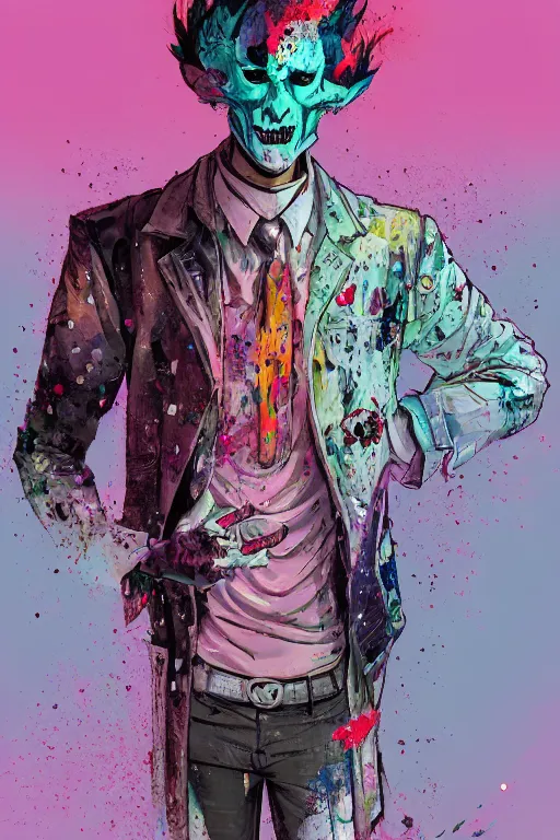 Image similar to wealthy male half necromancer, made of white gucci fabric, pixiv fanbox, dramatic lighting, maximalist pastel color palette, splatter paint, pixar and disney exploded - view drawing, graphic novel by fiona staples and dustin nguyen, peter elson, alan bean, wangechi mutu, clean cel shaded vector art, trending on artstation