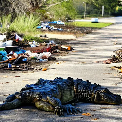 Image similar to one large alligator on a leash sleeping next to a very large mound of trash, papers, junk, and metal parts