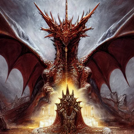 Image similar to dragon on the throne in the majestic throne room, great horns, armored, luminous scene, by luis royo, d & d character, highly detailed portrait, digital painting, artstation, concept art, smooth, sharp focus illustration, artstation hq