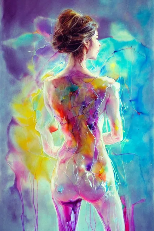 Image similar to sophia vergara by agnes cecile enki bilal moebius, intricated details, 3 / 4 back view, hair styled in a bun, bendover posture, full body portrait, extremely luminous bright design, pastel colours, drips, autumn lights