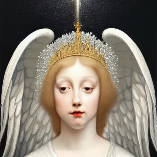 Image similar to highdetailed hyperrealistic painting of white angel!!! no gender smiling noface!!!, light instead of hands, white sparkles everywhere, 4 k hd face!!!, big silver high detailed wings!!!, renaissance, by jan van eyck, holography space, glow effect, large strokes, monochrome!!!!!