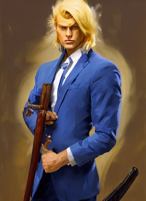 Image similar to greg manchess portrait painting of a blond man in a blue suit with a sword and a pistol, asymmetrical, profile picture, organic painting, sunny day, matte painting, bold shapes, hard edges, street art, trending on artstation, by huang guangjian, gil elvgren, ruan jia, randy vargas, greg rutkowski