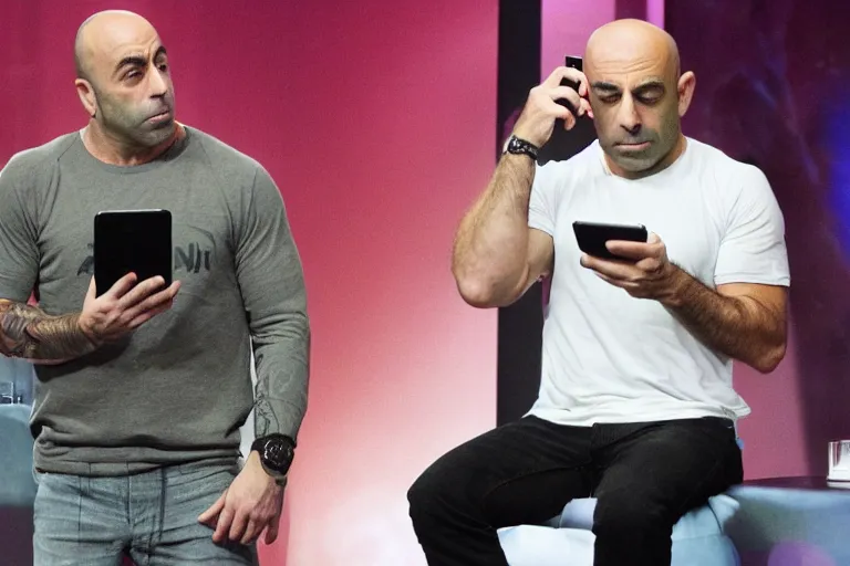 Image similar to joe rogan checking his phone, nervous