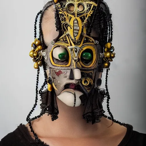 Prompt: a beautiful cyborg made of catholic and pagan symbols ceremonial maske