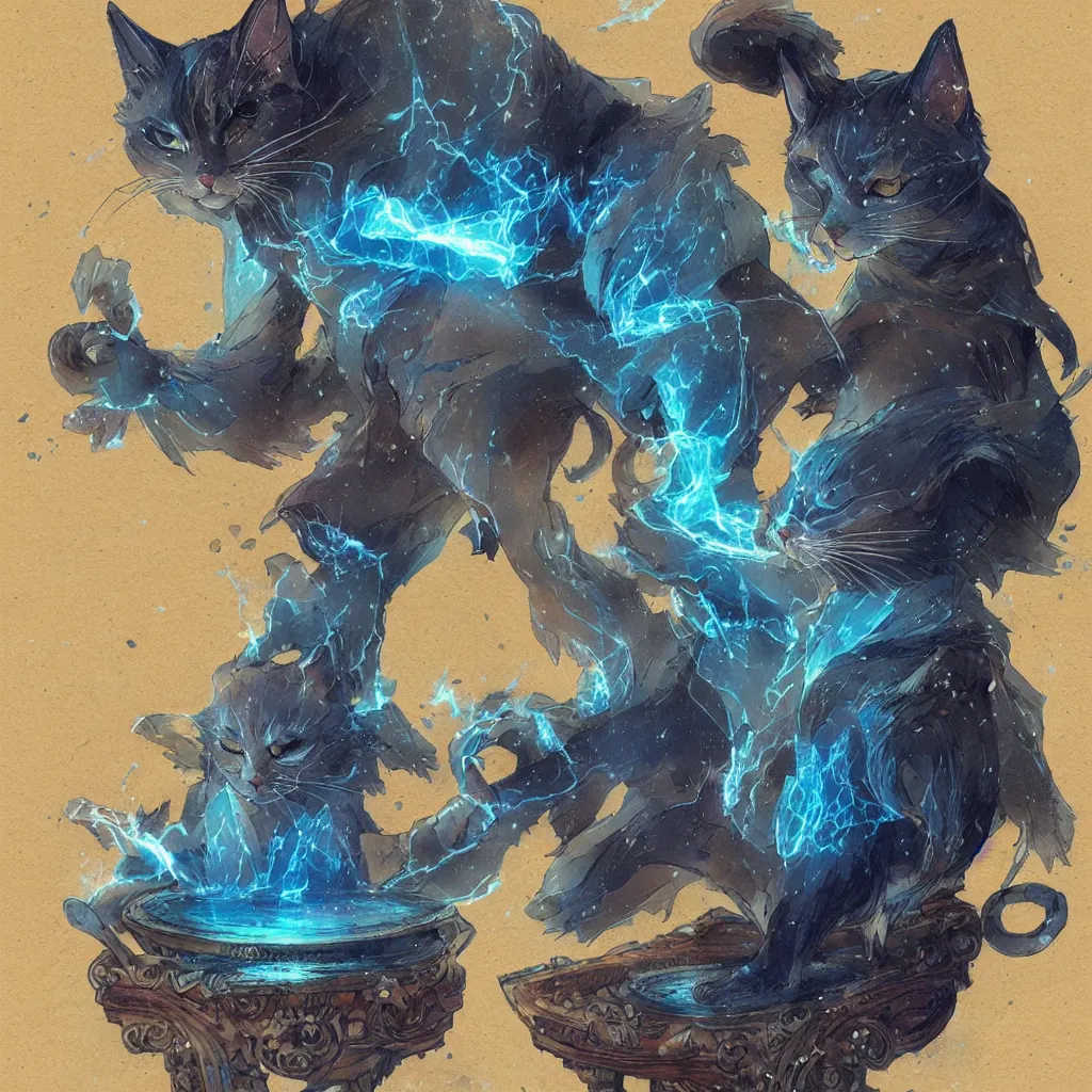 Image similar to anime cat with cloak sitting on a magical wood carved chair, super powers, glowing tiny blue lines, concept art, by greg rutkowski, overdetailed art