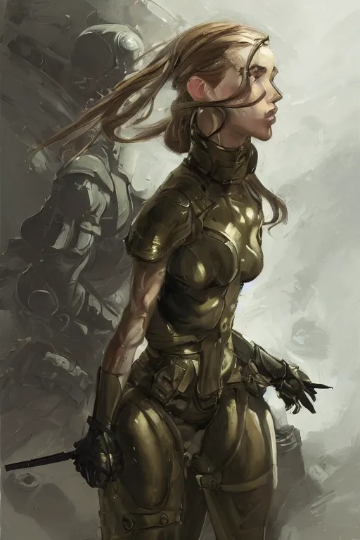 Image similar to a professionally painted portrait of an attractive young woman, clothed in military armor, olive skin, long dark hair, beautiful bone structure, symmetrical facial features, intricate, elegant, digital painting, trending on Artstation, concept art, smooth, sharp focus, illustration, from Metal Gear by Ruan Jia and Mandy Jurgens and Artgerm and William-Adolphe Bouguerea, award winning