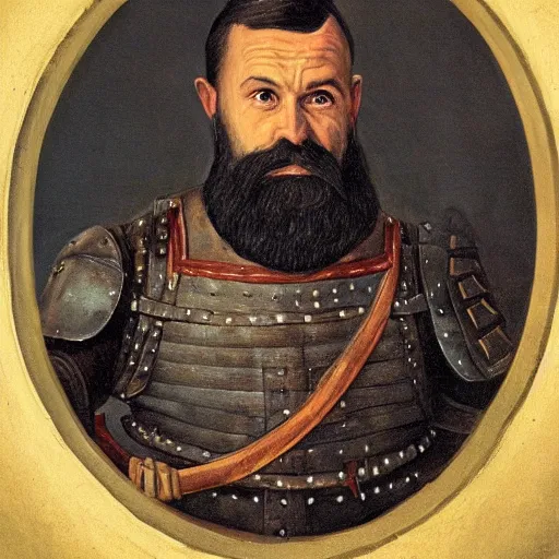 Prompt: fantasy conept art, portrait of medieval guardsman, old and bearded, with a stern expression, highly detailed