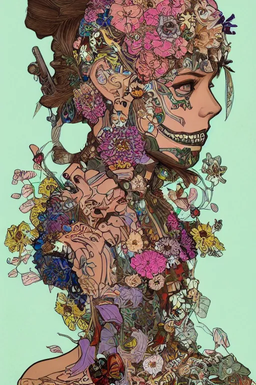 Prompt: beautiful skull cyborg portrait girl female illustration detailed patterns art of thai traditional dress, flowers pop art, floral splash painting, art by geof darrow, ashley wood, alphonse mucha, makoto shinkai