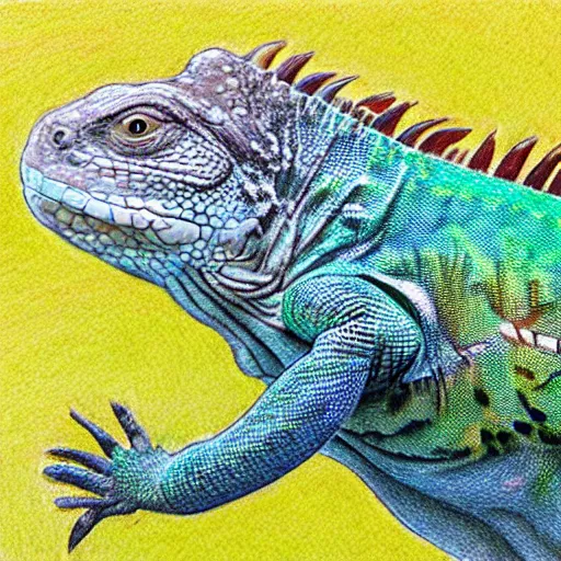Image similar to colored pencil drawing, iguana playing tennis