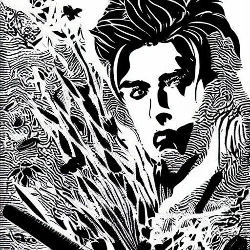 Prompt: black and white pen and ink!!!! Twin Peaks Black Lodge goetic vampire James Dean golden!!!! Vagabond!!!! floating magic swordsman!!!! glides through a beautiful!!!!!!! floral!! battlefield dramatic esoteric!!!!!! pen and ink!!!!! illustrated in high detail!!!!!!!! by Moebius and Hiroya Oku!!!!!!!!! graphic novel published on 2049 award winning!!!! full body portrait!!!!! action exposition manga panel black and white Shonen Jump issue by David Lynch eraserhead and beautiful line art Hirohiko Araki!!