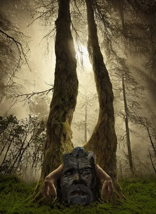 Image similar to a digital 3 d hyperrealistic ancient tree with an old man face covered with bark, eyebrows and mustache made of moss, in a dark mysterious forest at night, dramatic mysterious lighting,