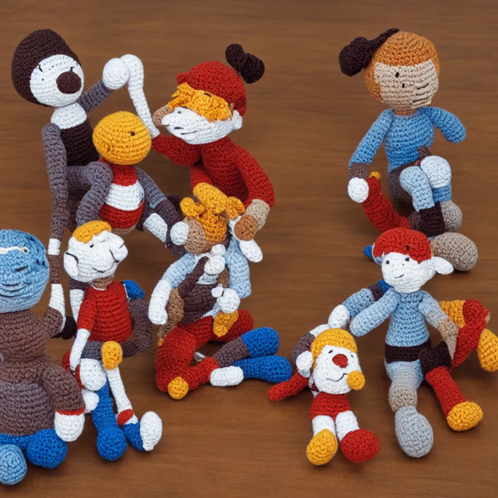 Prompt: Photo of crocheted Calvin and Hobbes sitting on a wooden table
