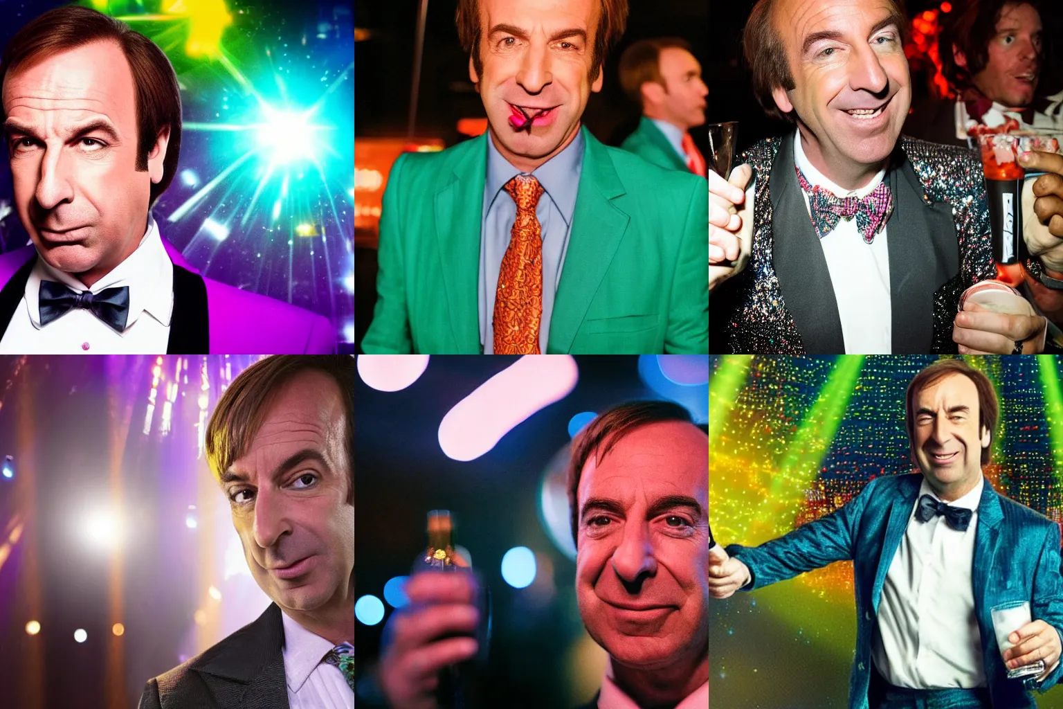 Prompt: close-up photo of Saul Goodman drunk in a disco