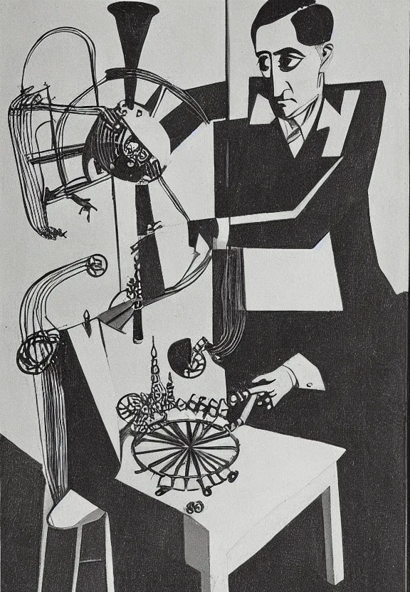 Image similar to a concept drawing of marcel duchamp holding up a chess - piece wire - machine, a surrealist painting by marcel duchamp, complex artificial - intelligence machinery, 1 9 2 0 s