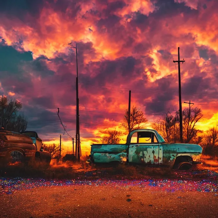 Image similar to a sunset light landscape with historical route 6 6, lots of sparkling details and sun ray ’ s, blinding backlight, smoke, volumetric lighting, colorful, octane, 3 5 mm, abandoned gas station, old rusty pickup - truck, beautiful epic colored reflections, very colorful heavenly, softlight