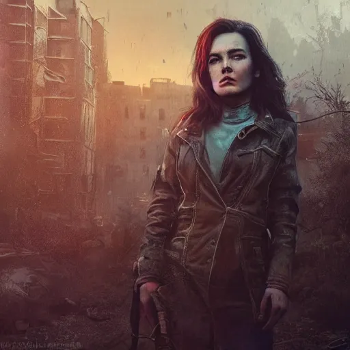 Image similar to fallout 5, charismatic beautiful rugged brunette female protagonist, portrait, outdoors ruined cityscape, atmospheric lighting, painted, intricate, volumetric lighting, beautiful, daytime, slight overcast weather, sharp focus, deep colours, ultra detailed, by leesha hannigan, ross tran, thierry doizon, kai carpenter, ignacio fernandez rios