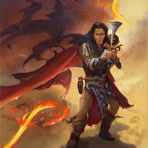 Image similar to beautiful portrait painting of a very short and small male halfing bard from pathfinder, casting fireball, painted by larry elmore, wayne reynolds, greg rutkowski, magic the gathering, dungeons and dragons, dishonored 2