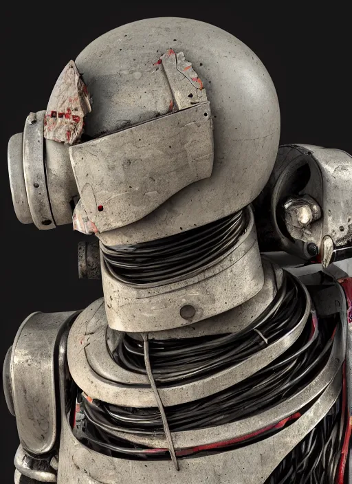 Prompt: a photographic portrait of a decommissioned retail robot, loose wires, crusty electronics, high damage, chipped carbon fiber, surface imperfections, hard surface modeling, sub surface scattering, octane render