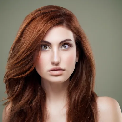 Prompt: beautiful clothed woman with olive skin tone, auburn hair, beautiful green eyes, studio portrait, 8 k