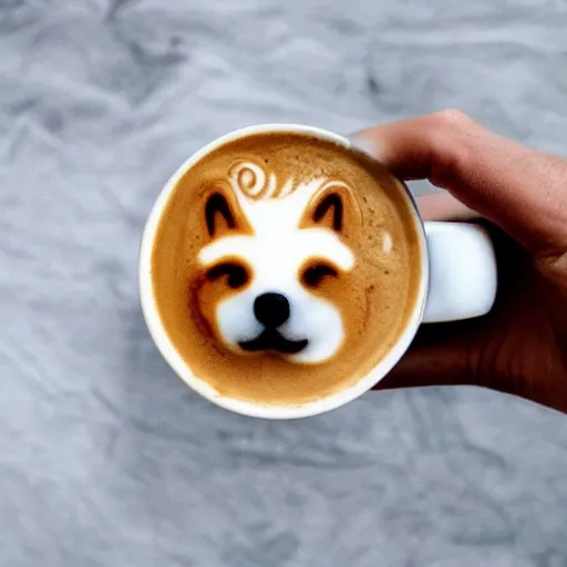 Prompt: A photo of a cup of coffee with latte art in the shape of a shiba inu