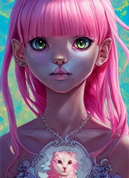 Image similar to dark fantastic mange beautiful cat girl stand in the sunshine, pink hair, rococo dress, symmetrical face, portrait, cute, fairy, by artgerm, mai yoneyama, takeshi obata, katsuhiro otomo, pixiv, detailed background, artstation, highly detailed, colorful, maximalist