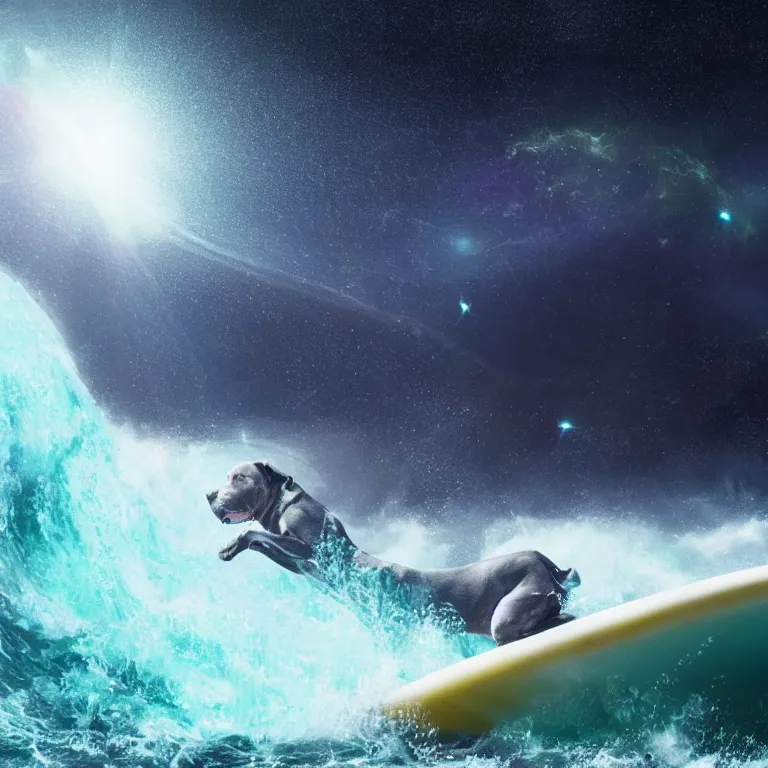 Image similar to photo of a skinny dark gray coat pit bull with a white paws and a white nose!, surfing on a surfboard in a crashing wave of alien galaxy, trending on art station, ocean in space, background is an alien galaxy, aliens in the background, alien colors, octane render, unreal engine, wide view, 8 k, highly detailed