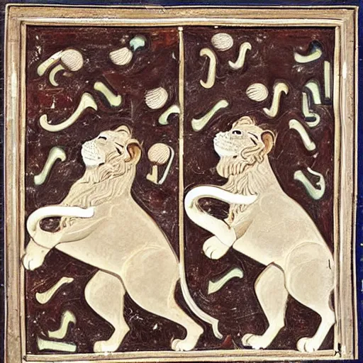 Prompt: a persian bassrelief of lions playing trombones, in elminino style