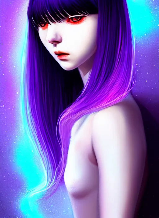 Image similar to hair whitebangs hair, black hair, whitebangs, portrait of teenage girl with white bangs, red irises, purple clothes, white bangs, bangs are different color from hair, intricate, elegant, glowing lights, highly detailed, digital painting, artstation, concept art, smooth, sharp focus, illustration, art by wlop, mars ravelo and greg rutkowski