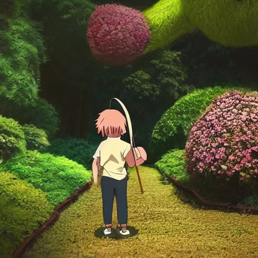 Prompt: Tiny human using leaf as an umbrella in giant grandiose garden, by Studio Ghibli, cinematic, glare effects