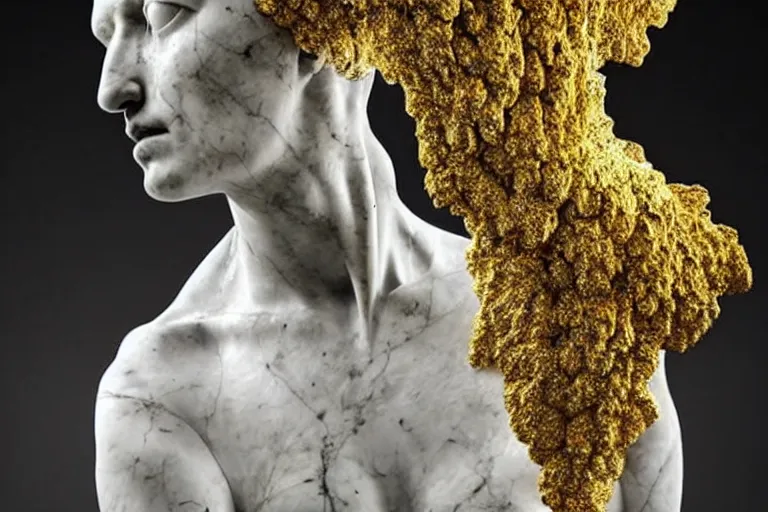 Image similar to a sculpture of a person with flowing golden tears, fractal flowers on the skin, a marble sculpture by nicola samori, behance, neo - expressionism, marble sculpture, apocalypse art, made of mist