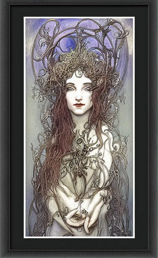 Prompt: art nouveau framed print by brian froud, goddess of winter