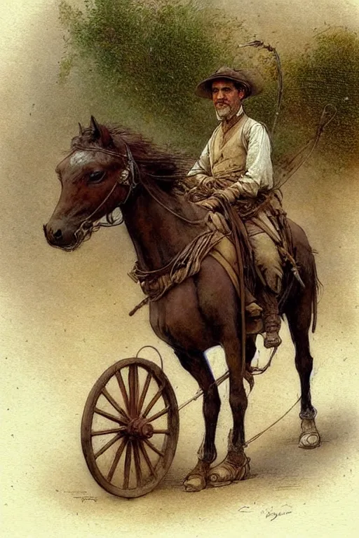 Prompt: ( ( ( ( ( ( ( ( man riding a horse ) ) ) ) ) ) ) ) with wheels!!!!!!!!!!!! wagon!!!!!!!!!!!!!! by jean baptiste monge!!!!!, muted colors, detailed