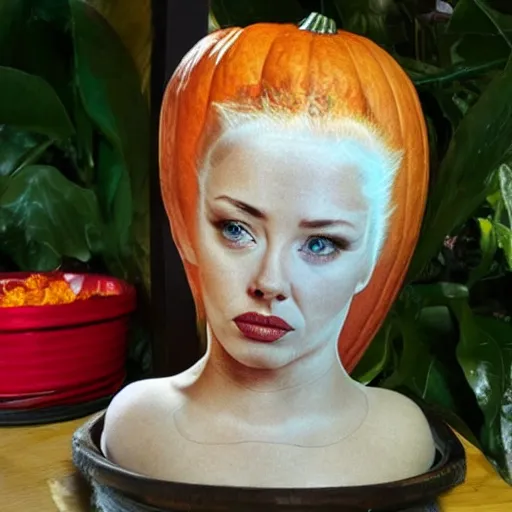 Image similar to a [ gourd ] carved shaped to look like ( amber heard face ) hybrid intercross