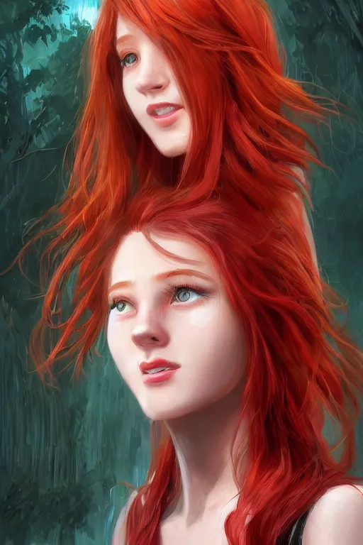 Image similar to beautiful cute red haired joyful and playful nineteen year old maiden standing up in casual green clothing, long hair, attractive face, modern city, rpg character, sci - fi, fantasy, intricate, elegant, digital painting, artstation, concept art, smooth, 8 k frostbite 3 engine, ultra detailed, art by artgerm and greg rutkowski and magali villeneuve