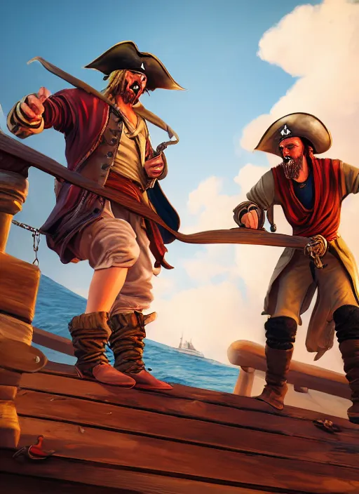 Prompt: an epic fantasy comic book style portrait painting of two bumbling idiot one - piece pirates on the deck of a skyship looking at a chest, unreal 5, daz, hyperrealistic, octane render, cosplay, rpg portrait, dynamic lighting, very detailed faces