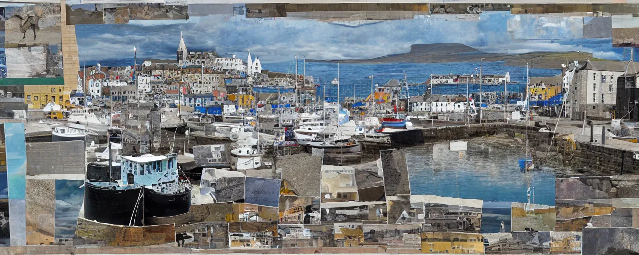 Prompt: a painting of the harbour at Stromness orkney, dadaist collage, photmontage