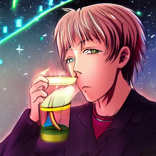 Image similar to 4k_digital_art_surreal_anime_of_an_anime dude_drinking_a_cup_of_cosmic_energy_bright_light