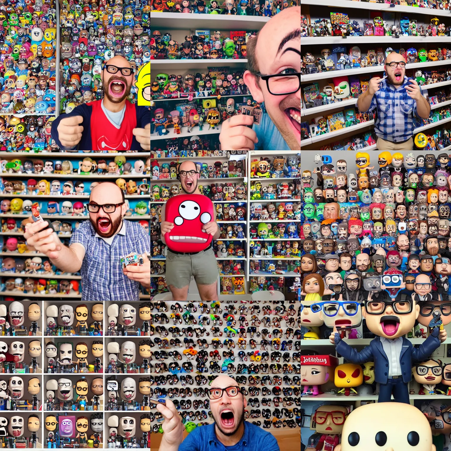 Prompt: a surprised open mouthed nerdy balding guy showing his collection of funko pop, happy big open mouth, realistic, selfie