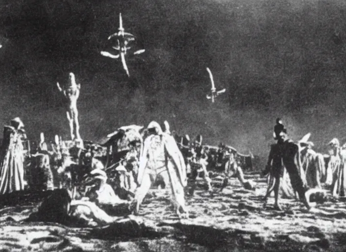 Prompt: scene from a 1910 science fiction film about an alien invasion