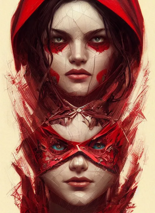 Image similar to symmetry!! red riding hood, machine parts embedded into face, intricate, elegant, highly detailed, digital painting, artstation, concept art, smooth, sharp focus, illustration, art by artgerm and greg rutkowski and alphonse mucha, 8 k