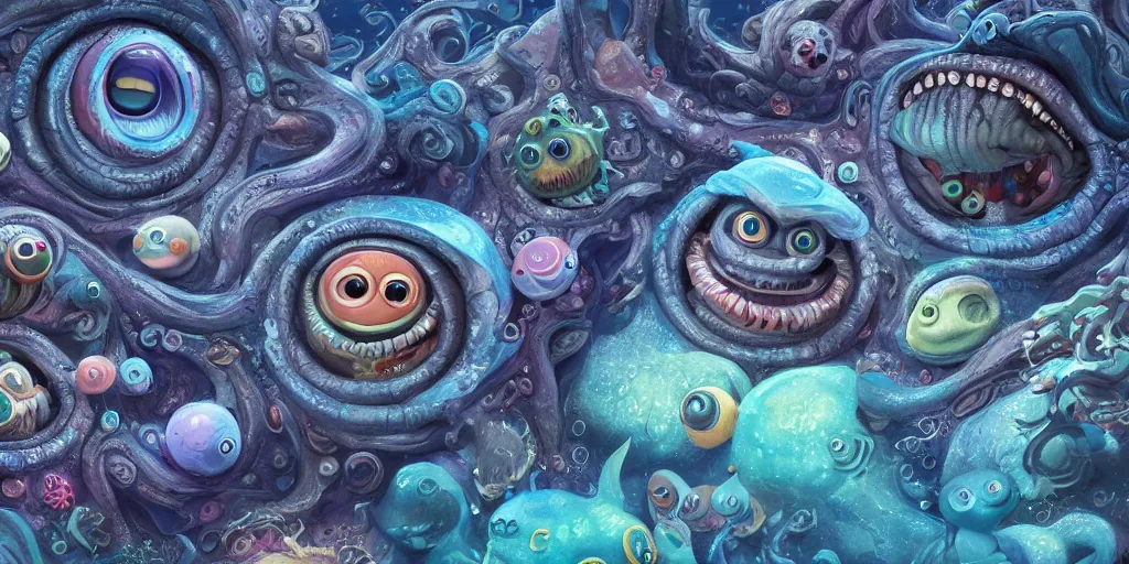 Image similar to of an intricate deep sea with strange cute friendly happy creatures with huge eyes, mouth, long tongue, round teeth and goofy face, appearing from the background, in the style of gehry and gaudi, macro lens, shallow depth of field, ultra detailed, digital painting, trending artstation, concept art, illustration, cinematic lighting, photorealism, epic, octane render